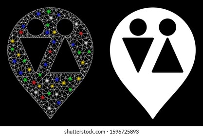 Glossy mesh WC map marker icon with glitter effect. Abstract illuminated model of WC map marker. Shiny wire carcass polygonal mesh WC map marker icon. Vector abstraction on a black background.