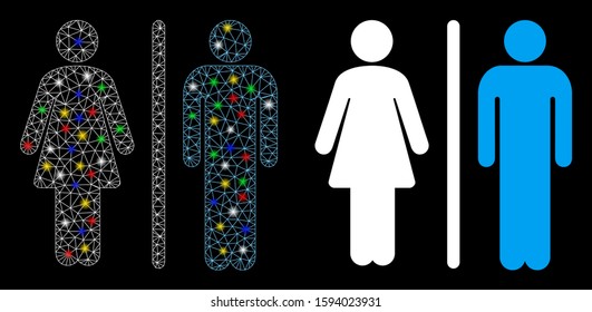 Glossy mesh WC persons icon with lightspot effect. Abstract illuminated model of WC persons. Shiny wire carcass polygonal mesh WC persons icon. Vector abstraction on a black background.