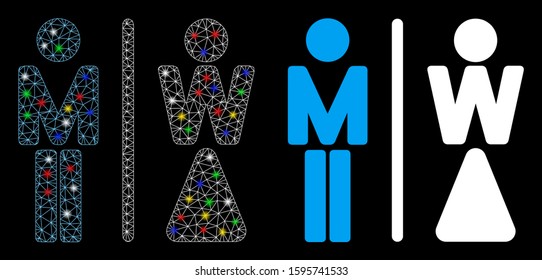 Glossy mesh WC persons icon with glow effect. Abstract illuminated model of WC persons. Shiny wire frame triangular network WC persons icon. Vector abstraction on a black background.