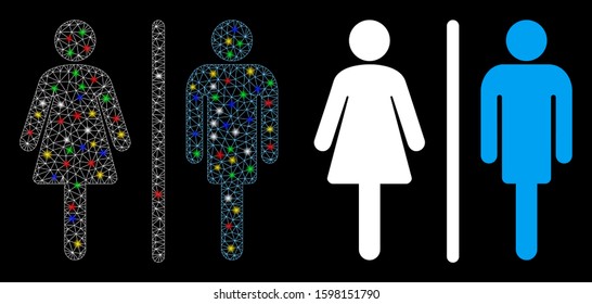 Glossy mesh WC persons icon with lightspot effect. Abstract illuminated model of WC persons. Shiny wire frame triangular mesh WC persons icon. Vector abstraction on a black background.