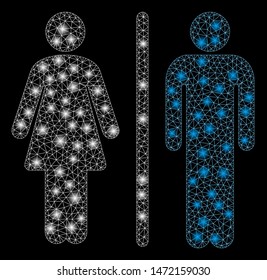 Glossy mesh WC persons with lightspot effect. Abstract illuminated model of WC persons icon. Shiny wire frame triangular mesh WC persons. Vector abstraction on a black background.
