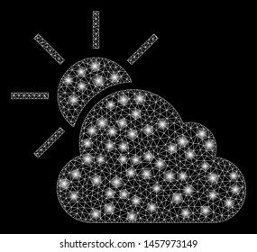 Glossy mesh weather with glitter effect. Abstract illuminated model of weather icon. Shiny wire carcass triangular mesh weather. Vector abstraction on a black background.