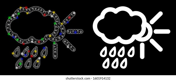 Glossy mesh weather icon with glow effect. Abstract illuminated model of weather. Shiny wire carcass polygonal mesh weather icon. Vector abstraction on a black background.
