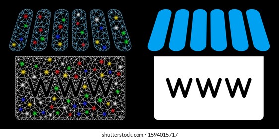 Glossy mesh webstore icon with lightspot effect. Abstract illuminated model of webstore. Shiny wire frame polygonal network webstore icon. Vector abstraction on a black background.