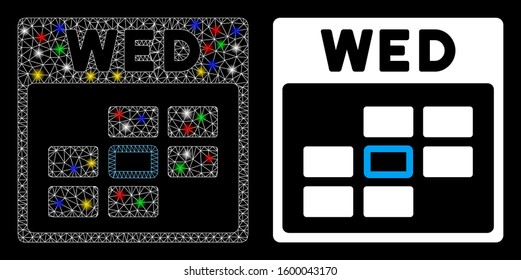 Glossy mesh Wednesday calendar grid icon with sparkle effect. Abstract illuminated model of Wednesday calendar grid. Shiny wire frame triangular mesh Wednesday calendar grid icon.