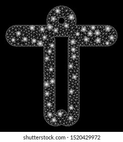 Glossy mesh welcome person with glitter effect. Abstract illuminated model of welcome person icon. Shiny wire frame triangular mesh welcome person. Vector abstraction on a black background.