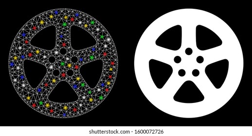 Glossy mesh wheel cover icon with glitter effect. Abstract illuminated model of wheel cover. Shiny wire carcass polygonal mesh wheel cover icon. Vector abstraction on a black background.