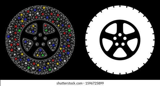 Glossy mesh wheel icon with glare effect. Abstract illuminated model of wheel. Shiny wire frame polygonal mesh wheel icon. Vector abstraction on a black background.