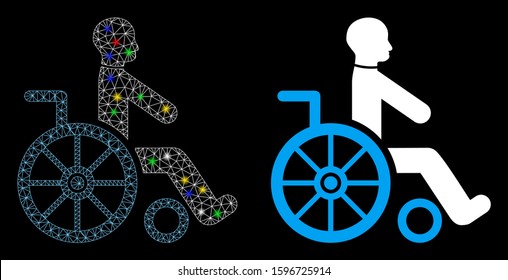 Glossy mesh wheelchair icon with glow effect. Abstract illuminated model of wheelchair. Shiny wire carcass polygonal mesh wheelchair icon. Vector abstraction on a black background.