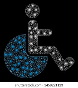 Glossy mesh wheelchair with sparkle effect. Abstract illuminated model of wheelchair icon. Shiny wire carcass polygonal mesh wheelchair. Vector abstraction on a black background.