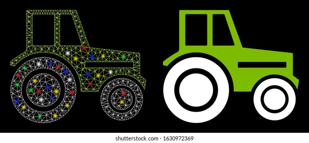 Glossy mesh wheeled tractor icon with lightspot effect. Abstract illuminated model of wheeled tractor. Shiny wire frame triangular network wheeled tractor icon.