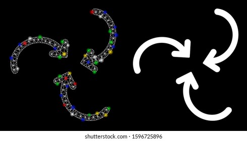 Glossy mesh whirlpool rotation arrows icon with glare effect. Abstract illuminated model of whirlpool rotation arrows. Shiny wire carcass triangular network whirlpool rotation arrows icon.