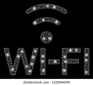 Glossy mesh Wi-Fi with glitter effect. Abstract illuminated model of Wi-Fi icon. Shiny wire carcass triangular mesh Wi-Fi. Vector abstraction on a black background.