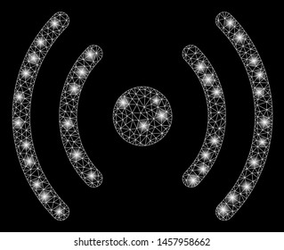 Glossy mesh Wi-Fi source with glare effect. Abstract illuminated model of Wi-Fi source icon. Shiny wire frame triangular mesh Wi-Fi source. Vector abstraction on a black background.