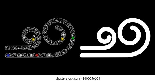 Glossy mesh wind icon with sparkle effect. Abstract illuminated model of wind. Shiny wire frame triangular mesh wind icon. Vector abstraction on a black background.