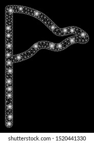 Glossy mesh wind wane with glitter effect. Abstract illuminated model of wind wane icon. Shiny wire frame triangular mesh wind wane. Vector abstraction on a black background.