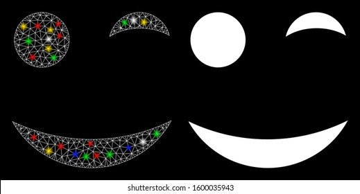 Glossy Mesh Wink Smiley Icon With Glow Effect. Abstract Illuminated Model Of Wink Smiley. Shiny Wire Frame Triangular Mesh Wink Smiley Icon. Vector Abstraction On A Black Background.