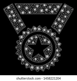 Glossy mesh winner medal with glare effect. Abstract illuminated model of winner medal icon. Shiny wire frame polygonal mesh winner medal. Vector abstraction on a black background.