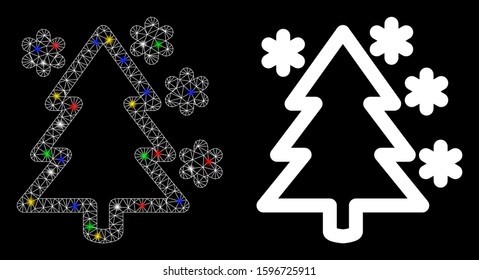 Glossy mesh winter tree icon with lightspot effect. Abstract illuminated model of winter tree. Shiny wire carcass triangular mesh winter tree icon. Vector abstraction on a black background.