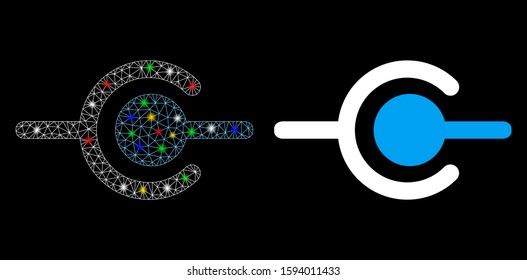 Glossy mesh wire connection icon with glow effect. Abstract illuminated model of wire connection. Shiny wire carcass polygonal network wire connection icon. Vector abstraction on a black background.
