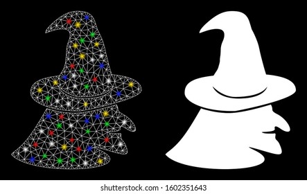 Glossy mesh witch face icon with lightspot effect. Abstract illuminated model of witch face. Shiny wire carcass polygonal mesh witch face icon. Vector abstraction on a black background.