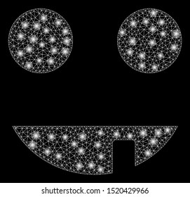 Glossy mesh witch smiley with glare effect. Abstract illuminated model of witch smiley icon. Shiny wire frame polygonal mesh witch smiley. Vector abstraction on a black background.