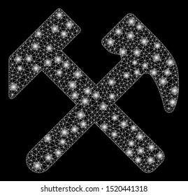 Glossy mesh work with sparkle effect. Abstract illuminated model of work icon. Shiny wire carcass polygonal mesh work. Vector abstraction on a black background.