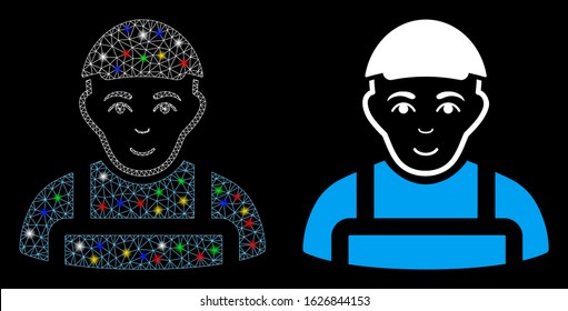 Glossy mesh worker icon with glare effect. Abstract illuminated model of worker. Shiny wire carcass polygonal mesh worker icon. Vector abstraction on a black background.