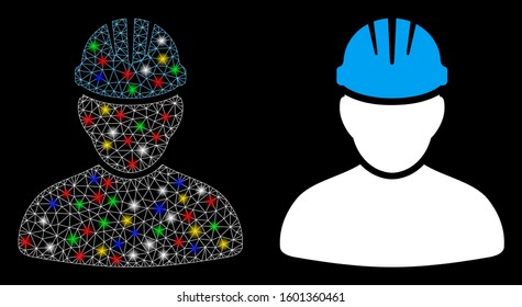 Glossy mesh worker person icon with glare effect. Abstract illuminated model of worker person. Shiny wire carcass polygonal mesh worker person icon. Vector abstraction on a black background.
