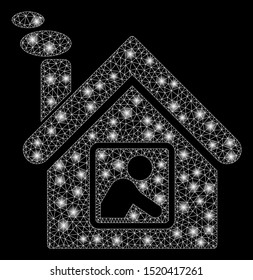 Glossy mesh workshop building with glow effect. Abstract illuminated model of workshop building icon. Shiny wire carcass polygonal mesh workshop building. Vector abstraction on a black background.