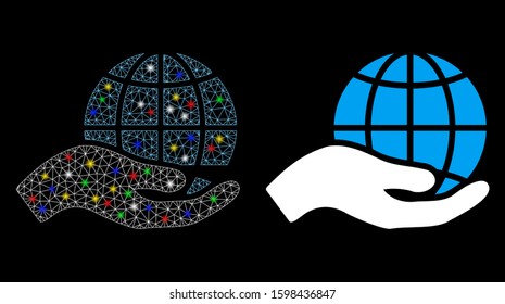 Glossy mesh world class offer hand icon with glitter effect. Abstract illuminated model of world class offer hand. Shiny wire carcass polygonal mesh world class offer hand icon.
