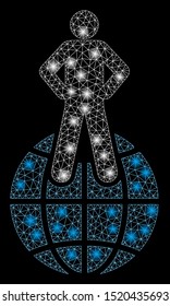 Glossy mesh world commander with glitter effect. Abstract illuminated model of world commander icon. Shiny wire carcass polygonal mesh world commander. Vector abstraction on a black background.