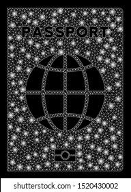 Glossy mesh world passport with glow effect. Abstract illuminated model of world passport icon. Shiny wire carcass polygonal mesh world passport. Vector abstraction on a black background.