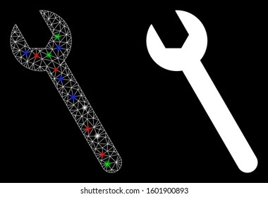 Glossy mesh wrench icon with glare effect. Abstract illuminated model of wrench. Shiny wire carcass triangular mesh wrench icon. Vector abstraction on a black background.