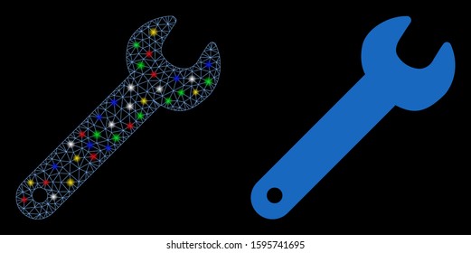 Glossy mesh wrench icon with glow effect. Abstract illuminated model of wrench. Shiny wire frame polygonal mesh wrench icon. Vector abstraction on a black background.