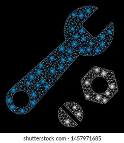 Glossy mesh wrench and nuts with lightspot effect. Abstract illuminated model of wrench and nuts icon. Shiny wire carcass triangular network wrench and nuts. Vector abstraction on a black background.