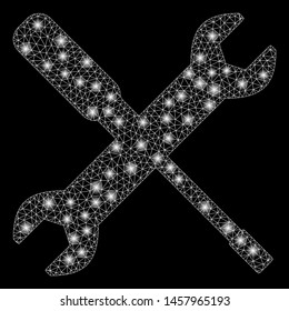 Glossy mesh wrench and screwdriver tools with glitter effect. Abstract illuminated model of wrench and screwdriver tools icon. Shiny wire frame triangular mesh wrench and screwdriver tools.