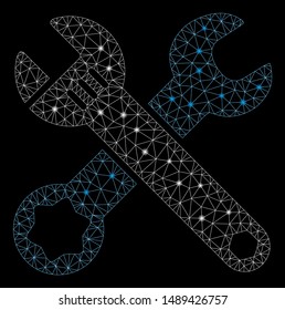 Glossy mesh wrenches with glitter effect. Abstract illuminated model of wrenches icon. Shiny wire frame polygonal mesh wrenches. Vector abstraction on a black background.