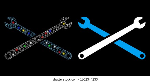 Glossy mesh wrenches icon with glare effect. Abstract illuminated model of wrenches. Shiny wire frame triangular mesh wrenches icon. Vector abstraction on a black background.