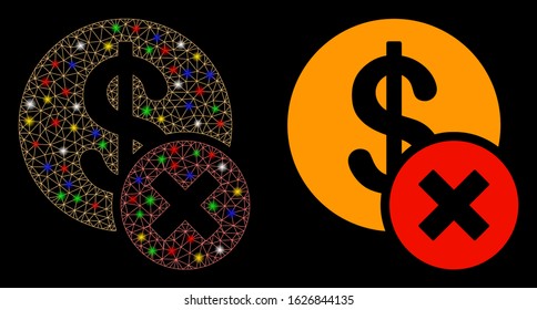 Glossy mesh wrong dollar icon with glitter effect. Abstract illuminated model of wrong dollar. Shiny wire frame triangular network wrong dollar icon. Vector abstraction on a black background.