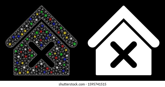 Glossy mesh wrong house icon with lightspot effect. Abstract illuminated model of wrong house. Shiny wire frame triangular mesh wrong house icon. Vector abstraction on a black background.