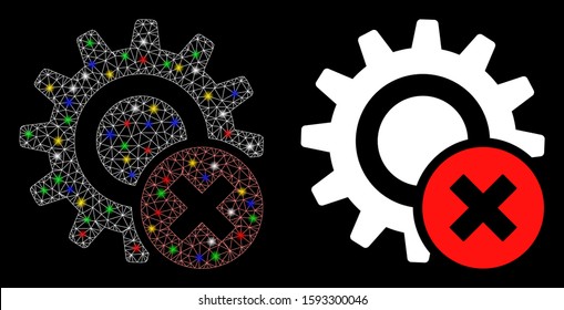 Glossy mesh wrong settings gear icon with glitter effect. Abstract illuminated model of wrong settings gear. Shiny wire frame polygonal network wrong settings gear icon.