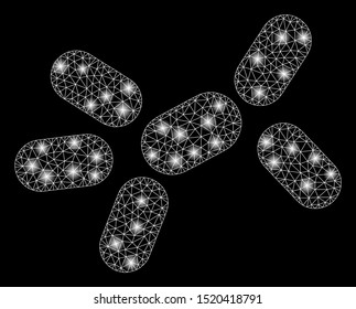 Glossy mesh yeast with glare effect. Abstract illuminated model of yeast icon. Shiny wire carcass triangular mesh yeast. Vector abstraction on a black background.