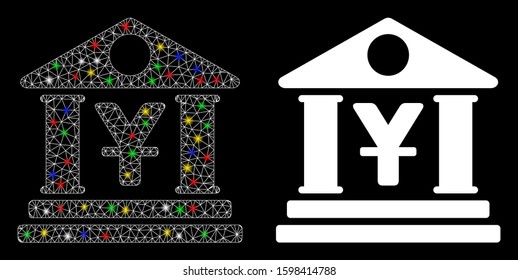 Glossy mesh yen bank building icon with glitter effect. Abstract illuminated model of yen bank building. Shiny wire frame triangular mesh yen bank building icon.