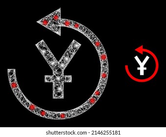 Glossy mesh yen chargeback with lightspots. Wire frame 2D mesh generated with intersected white lines and yen chargeback icon.
