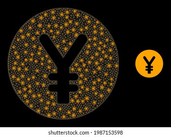 Glossy mesh yen coin with lightspots. Vector frame based on yen coin icon. Sparkle frame mesh yen coin on a black background.
