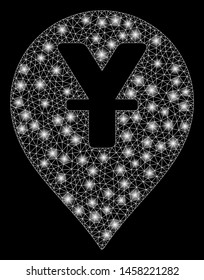 Glossy mesh yen map marker with glare effect. Abstract illuminated model of yen map marker icon. Shiny wire carcass polygonal mesh yen map marker. Vector abstraction on a black background.