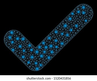 Glossy mesh yes with lightspot effect. Abstract illuminated model of yes icon. Shiny wire carcass polygonal mesh yes. Vector abstraction on a black background.