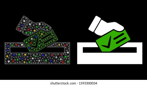 Glossy mesh your vote icon with lightspot effect. Abstract illuminated model of your vote. Shiny wire carcass polygonal mesh your vote icon. Vector abstraction on a black background.