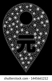 Glossy mesh yuan map marker with glow effect. Abstract illuminated model of yuan map marker icon. Shiny wire carcass polygonal mesh yuan map marker. Vector abstraction on a black background.
